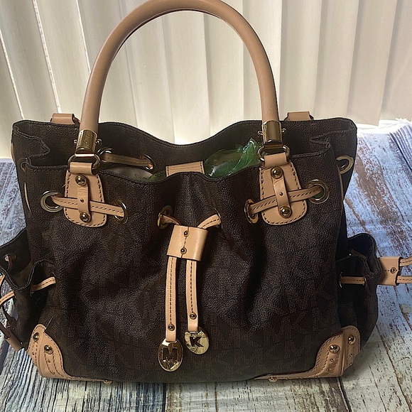 Michael Kors Brown Logo Canvas Satchel Tote with Leather Trim gold-tone hardware - Picture 1 of 16